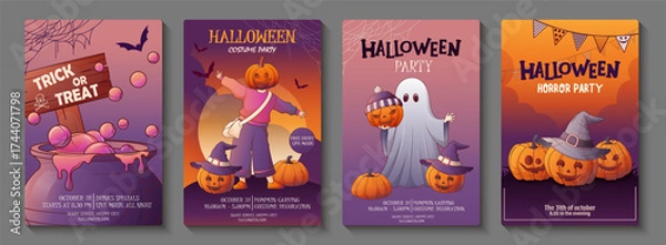 Obraz Set of vector Halloween party posters with ghost, witch hat, pumpkins and candies. Spooky illustrations with bunting, bats and bright orange backgrounds. For Trick or Treat event invitation.