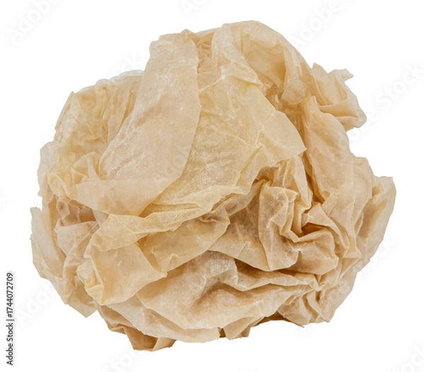 Fototapeta A lump or ball of crumpled brown paper on a white background. Crumpled paper