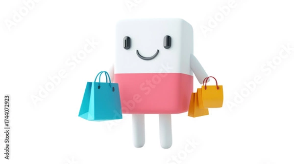 Obraz Shopaholic Eraser: A cheerful animated eraser character, arms laden with colorful shopping bags, embodies the essence of shopping spree happiness and the anticipation of a new purchase. 