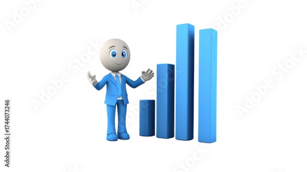 Obraz Business Growth Illustrated: A charming cartoon figure, smartly dressed in a suit, stands beside a set of rising bar graphs, representing the concept of upward business growth.