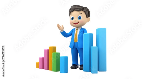 Obraz Business Illustration: A dynamic illustration features a professional figure standing near colorful bar graphs, showcasing growth and data analysis. Representing prosperity and presenting insights.