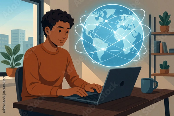 Fototapeta Person working on a laptop with a glowing globe network overlay computer desk