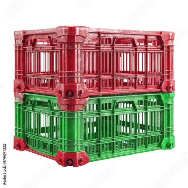 Fototapeta Two nested plastic crates, red and green