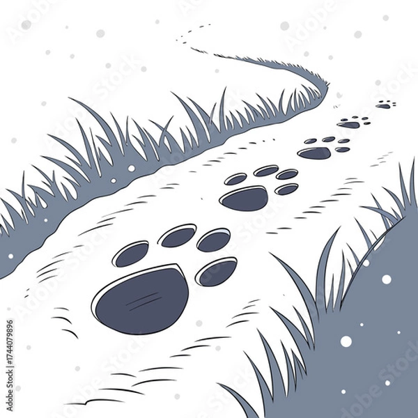 Obraz Animal paw prints trail across a snowy path lined with grass suggesting a journey through a winter landscape with falling snowflakes