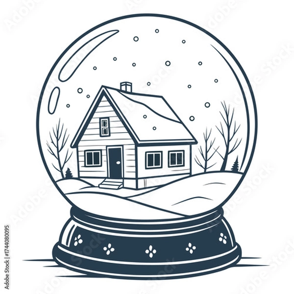 Obraz Stylized outline illustration of a charming snow globe containing a cozy winter cabin surrounded by bare trees and falling snowflakes on a snowy landscape