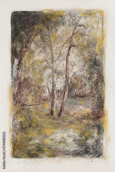 Fototapeta Painting on canvas, birch trees in autumn.