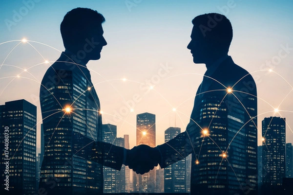 Fototapeta Silhouettes of two businessmen shaking hands with a network of glowing connections overlaying a cityscape at dusk