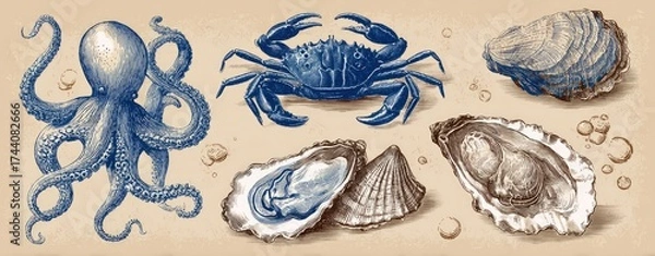 Fototapeta An illustration showing an octopus, crab, and oysters, against a vintage-style backdrop with bubbles
