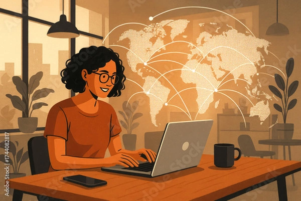 Fototapeta Woman working on laptop with global network connections emanating from world map computer home office