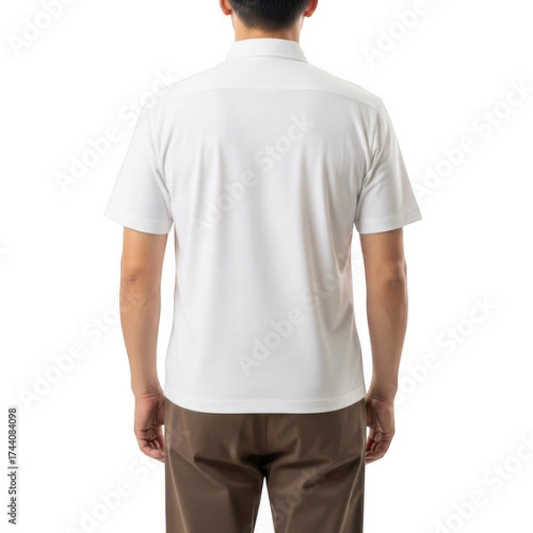 Fototapeta Back view of a man wearing a plain white short-sleeved collared shirt and brown pants transparent background