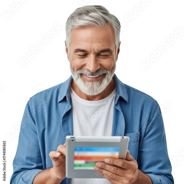 Fototapeta Smiling older man with beard uses digital tablet for online activities engaging technology transparent background