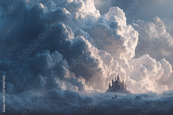 Fototapeta giant fluffy castle floating in the clouds creating a surreal magical dreamscape in a soft fantasy inspired design