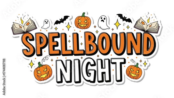 Fototapeta Spellbound Night Invitation: A whimsical illustration with the words Spellbound Night, complete with Halloween-themed decorations, evokes a sense of magical enchantment and excitement.