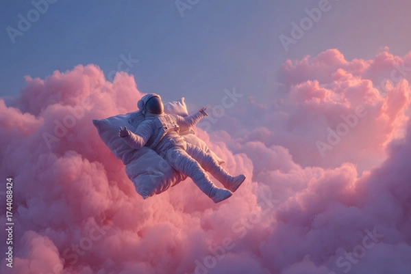 Fototapeta astronaut floating in space with fluffy glowing pillow cloud creating a dreamy surreal cosmic fantasy scene design