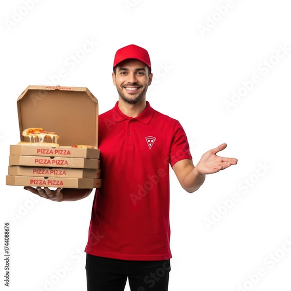 Fototapeta Friendly delivery person holding multiple pizzas excitedly presenting food order transparent background
