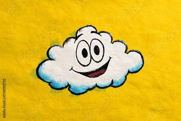 Fototapeta bright fluffy cloud with comic style eyes and smile illustrated in a cheerful colorful pop art inspired design