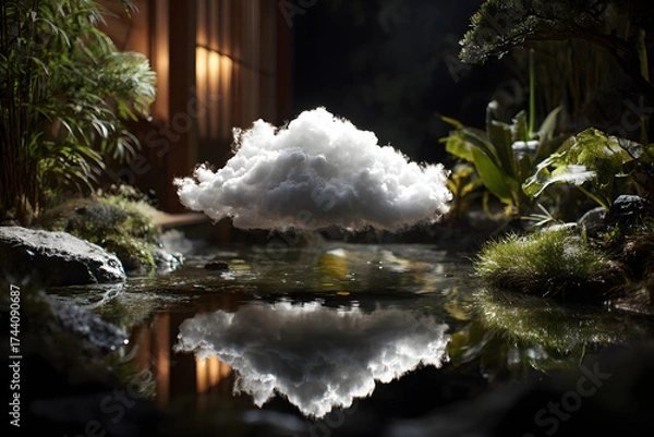 Fototapeta fluffy glowing cloud floating above tranquil pond creating a serene peaceful wellness inspired atmosphere design