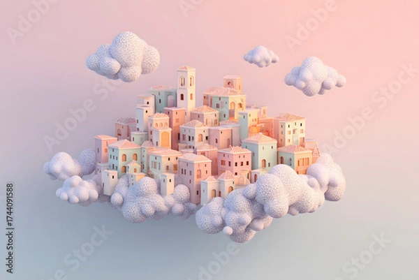 Fototapeta fluffy isometric cloud city floating in pastel skies created in a clean soft 3d minimal dreamy design style