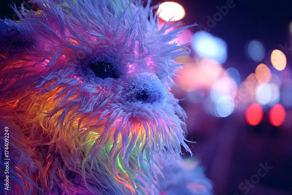 Fototapeta fluffy neon creature with glitching outlines glowing under cyberpunk city lights in a vibrant futuristic design