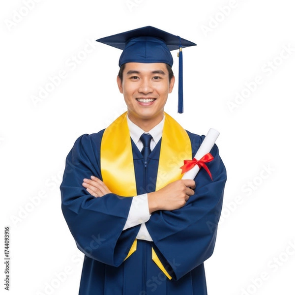 Fototapeta Young man in graduation cap and gown smiles holding diploma ready for future success transparent background