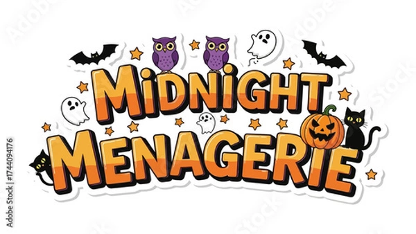 Fototapeta Midnight Menagerie: Festive Halloween decorations display a collection of Halloween characters and design, featuring pumpkins, ghosts, bats, owls.