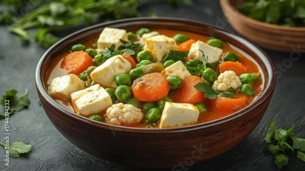 Fototapeta Fresh mixed vegetable curry with vibrant peas- carrots- cauliflower- and paneer- garnished with cilantro in a ceramic bowl.