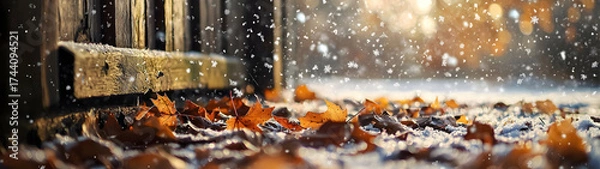 Fototapeta Autumn leaves and first snowflakes settle at a rustic barn entrance—capturing the quiet transition between seasons in warm golden hour countryside light.