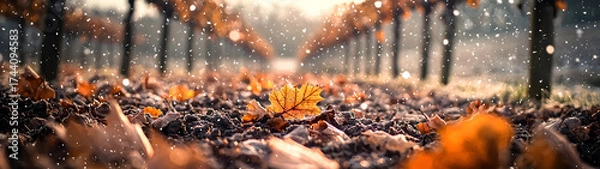 Fototapeta Autumn leaves and first snowflakes settle in a harvested vineyard—capturing the quiet transition between seasons in warm golden hour light.