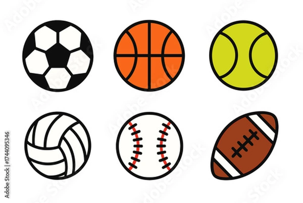 Fototapeta Six classic sports balls icons: soccer, basketball, tennis, volleyball, baseball, and football