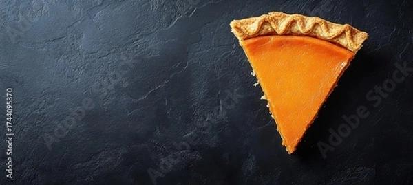 Fototapeta A single slice of pumpkin pie with a golden crust- placed on a dark slate background- perfect for autumn and holiday themes.
