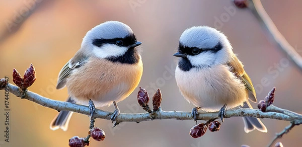 Fototapeta Two adorable chickadees perched on a branch in soft light