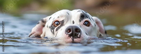 Fototapeta Curious Dalmatian dog swims in water, happy and playful