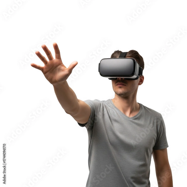 Fototapeta Man interacting with virtual reality technology reaching out his hand in futuristic entertainment transparent background