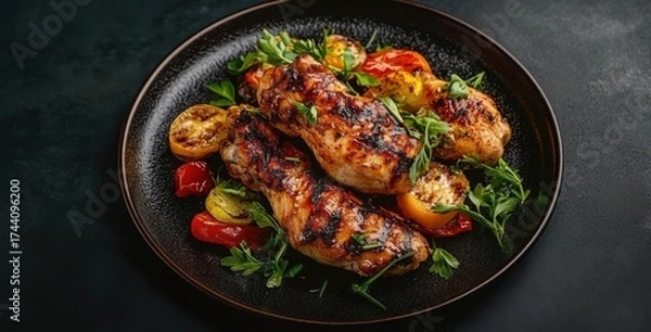 Fototapeta Grilled chicken served with fresh vegetables and herbs on a dark plate- highlighting a healthy and flavorful meal.