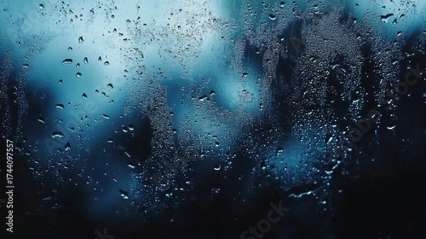 Fototapeta Dark- atmospheric view of raindrops on a window with stormy blue clouds outside- capturing the essence of a rainy day.