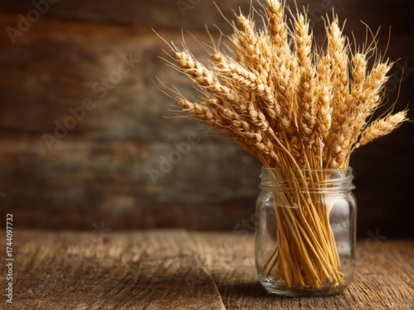 Fototapeta A glass jar and vase with autumn yellow wheat spikelet sit on a wooden table. Rustic minimalist composition.