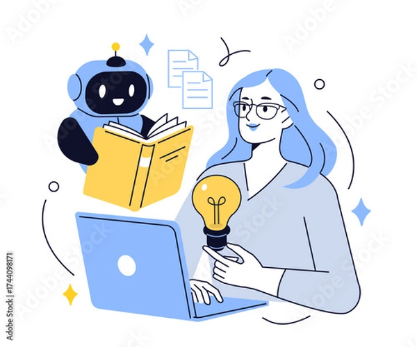Fototapeta Ai robot assistant holding book and learning from data. Large language model training, neural network, algorithm optimization concept. Vector illustration.