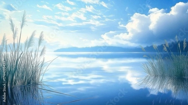 Fototapeta Serene lake with reeds reflecting in calm water- with a beautiful blue sky and soft clouds- creating a tranquil atmosphere.