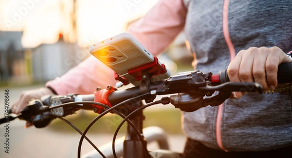 Fototapeta Girl With Bike Using Phone Gps On Handlebars