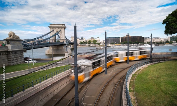 Fototapeta Tram Crossing Budapest Center With Chain Bridge Over Danube