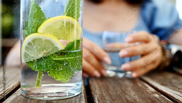 Fototapeta Fresh Water With Mint And Lemon In A Jar