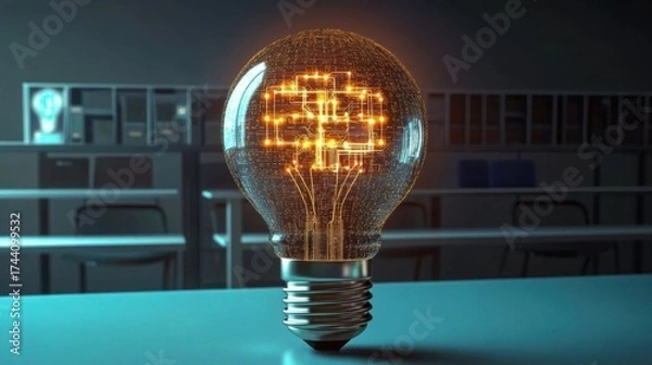 Fototapeta A futuristic glowing light bulb with intricate digital circuitry design- symbolizing innovation and modern technology in a virtual classroom setting.