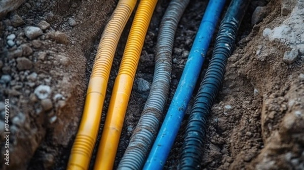 Fototapeta Close-up view of various colored electrical cables dug out from the ground- emphasizing construction and infrastructure.