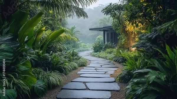 Fototapeta Stone pathway winding through dense- misty tropical rainforest- surrounded by lush green foliage- creating a tranquil and immersive nature experience.