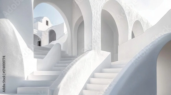 Fototapeta Minimalist white buildings with smooth curves and arches under bright sunlight on Santorini island- Greece- capturing iconic Cycladic architectural beauty.