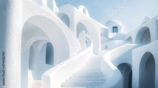 Fototapeta Minimalist white buildings with smooth curves and arches under bright sunlight on Santorini island- Greece- capturing iconic Cycladic architectural beauty.