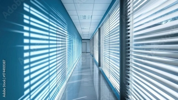 Fototapeta Bright modern office hallway with blue tones- polished floors- and zebra blinds filtering sunlight- creating a clean and professional workspace atmosphere.