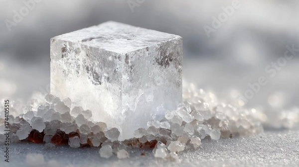 Fototapeta Close up of a clear crystal cube on a bed of smaller crystals