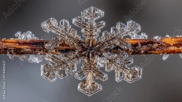 Fototapeta Detailed macro photograph of a delicate symmetrical snowflake on a twig