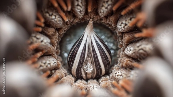 Fototapeta Macro close up view of a seed pod with striking black and white patterns